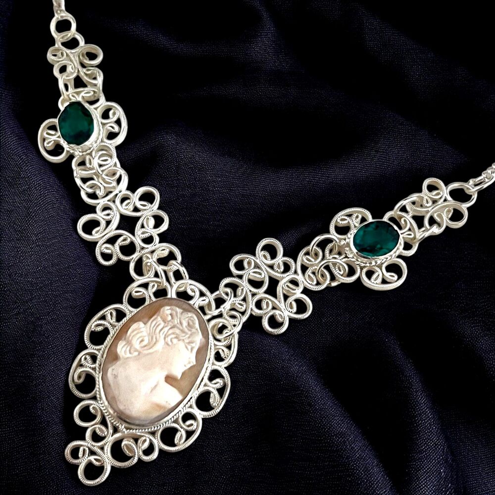 Vintage 1950s Italian Shell Cameo Necklace Victorian Revival Filigree - 9H4